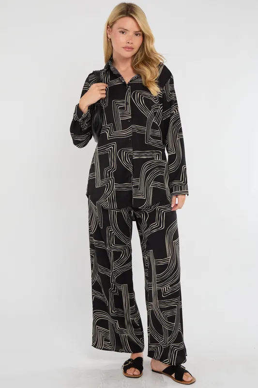 Black Geometric Maze Print Co-ord Shirt and Trousers Set