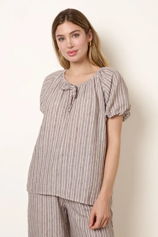 Brown Tie Front Stripe Blouse - Blue Vanilla
