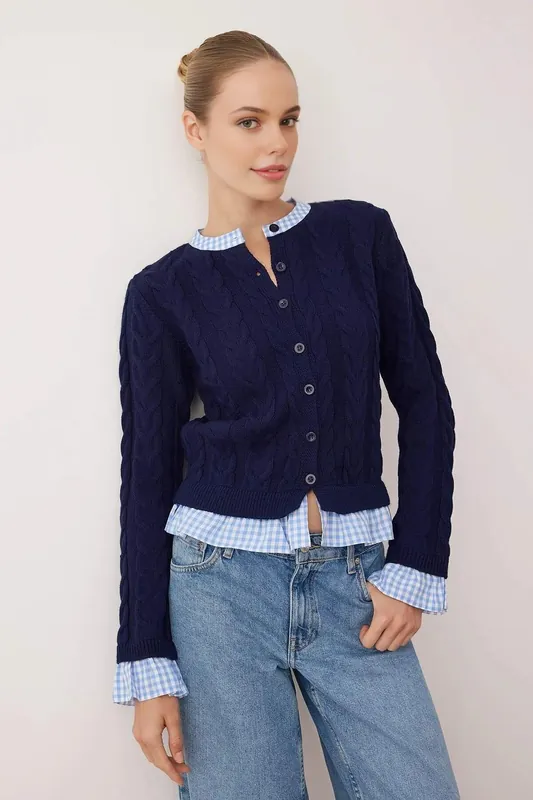 Contrast Collar Cable Knit Button Through Cardigan - WOVCOR