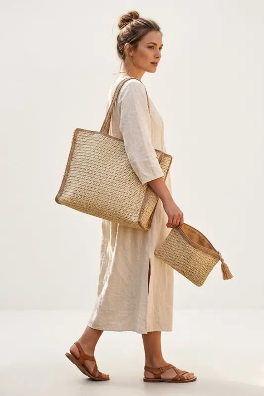 Beige Woven Tote Bag With Matching Zip Pouch-Hyon