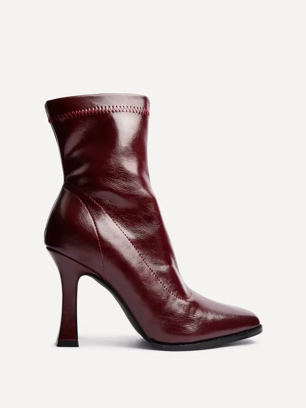 Noelle Burgundy Faux Leather Square Toe Heeled Sock Boot - Linzi