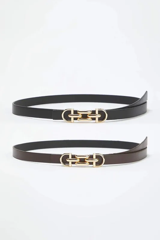 Double Pack Gold Chain Buckle Slim Faux Leather Belt - WOVCOR