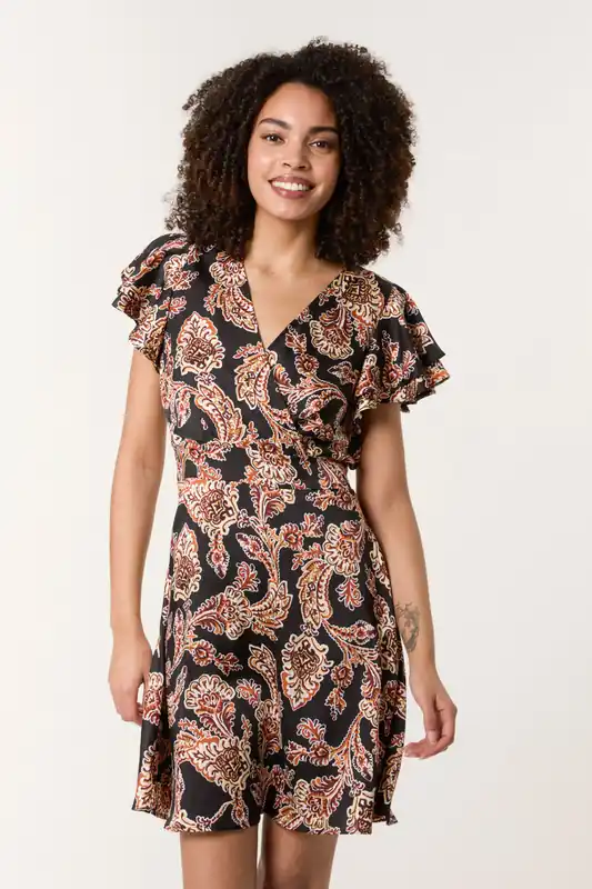 Black Paisley Frill Sleeve Mini Dress - Blue Vanilla