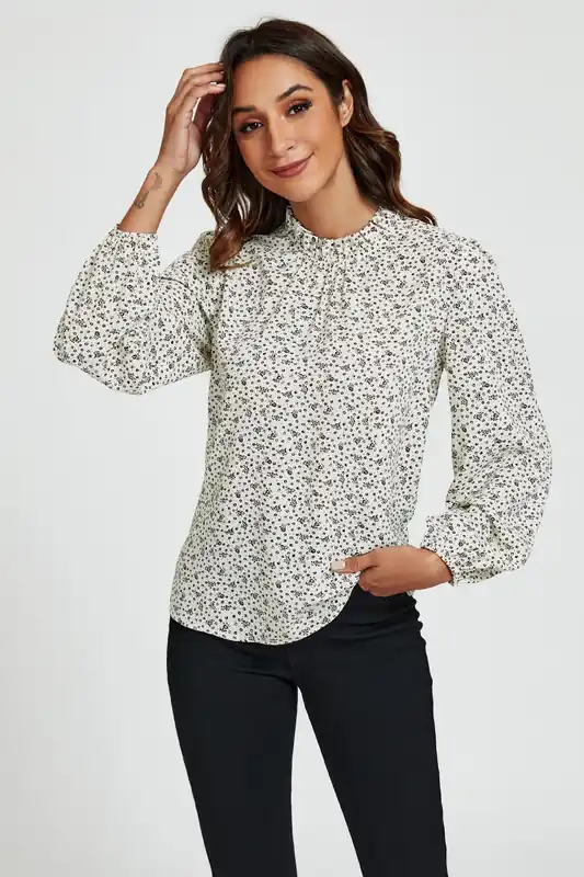 Little Floral Print Frill Detail High Neck Top In White - FS Collection