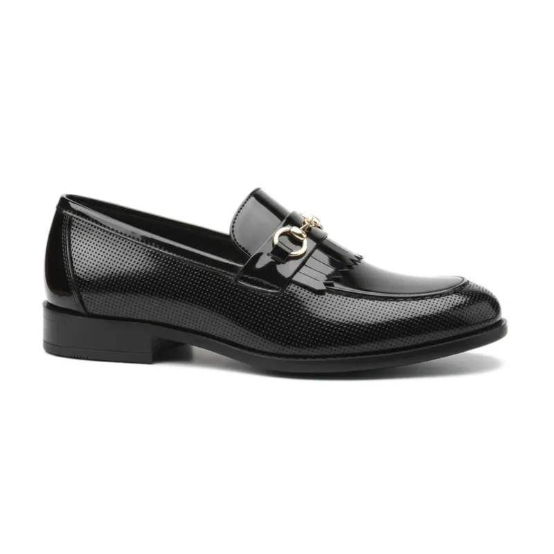 Patent PU Slip On Loafers Buckle Fringe Formal Dress Shoes - TruClothing