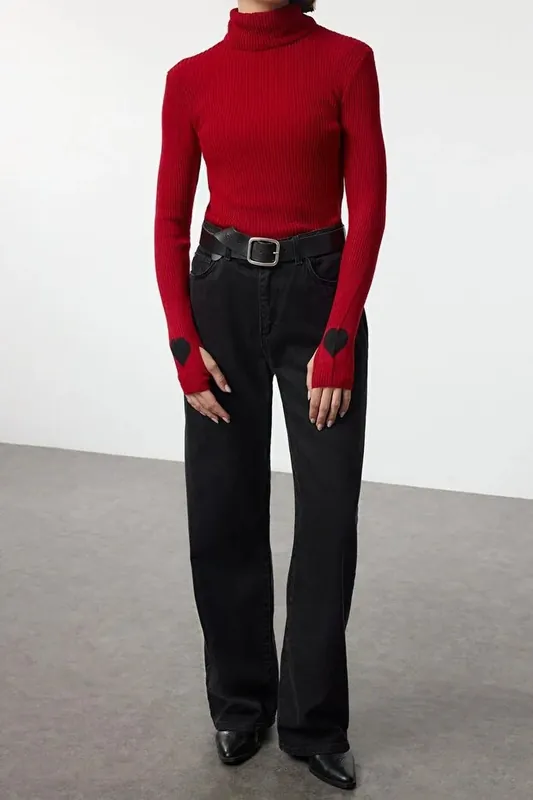 High Neck Ribbed Knit Sweater with Sleeve Motif Detail - WOVCOR