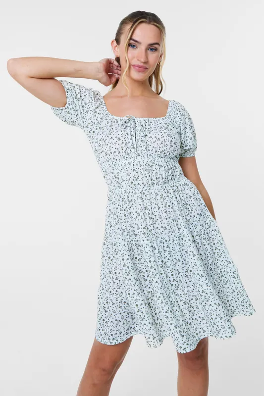 Khaki Ditsy Puff Sleeve Tiered Mini Dress - Pink Vanilla