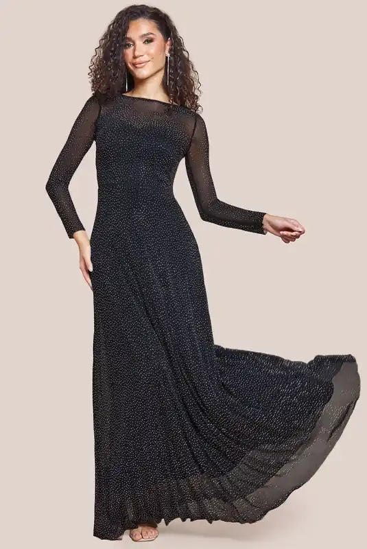 Hotfix Diamante Mesh A Line Long Sleeve Maxi Dress - Goddiva