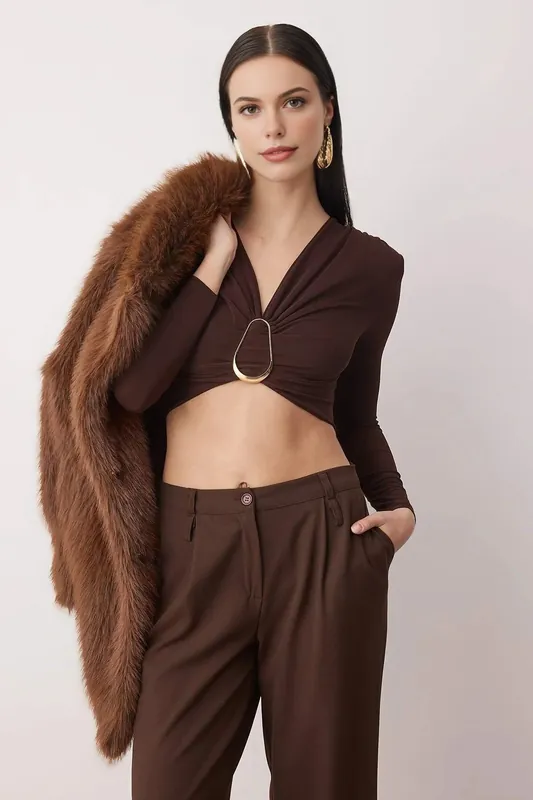 V-Neck Buckle Detail Long Sleeve Knit Party Blouse