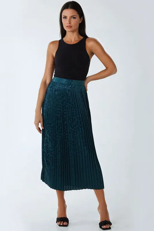Green Leopard Print Pleated Midi Skirt - Aftershock London