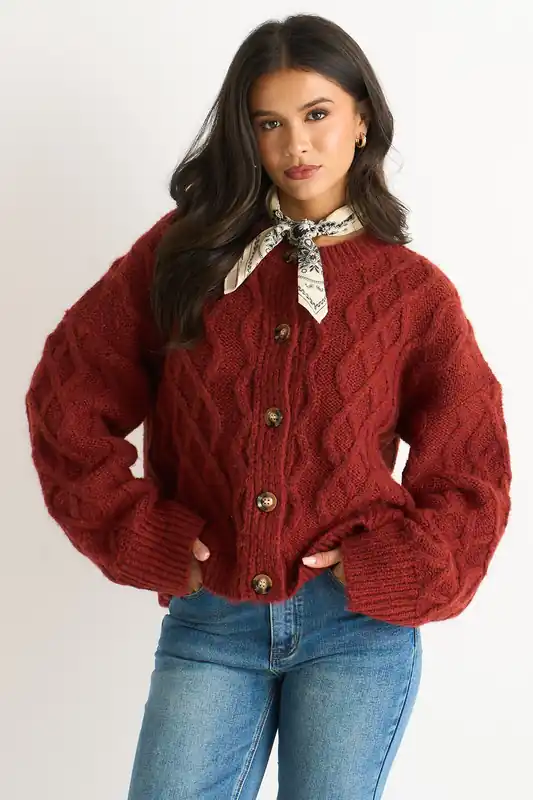 Rust Cable Knit Cardigan - Gini London