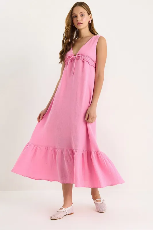 A-Form Fit Midi Dress with V-Neck and Binding Detail
