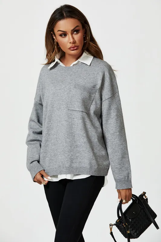 Pocket Detail Knitted Jumper In Grey - FS Collection