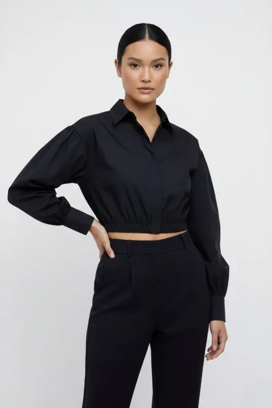 Balloon Sleeve Button-Up Cropped Mini Shirt
