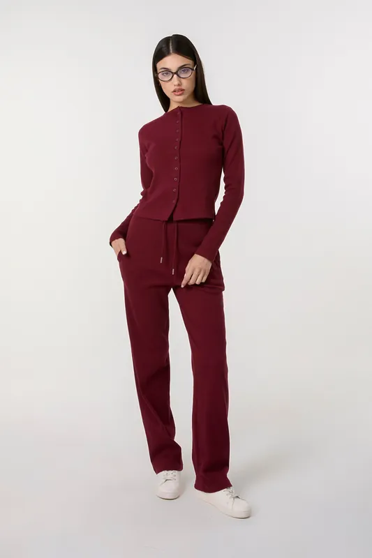 Wine Wide Leg Ribbed Trousers - Pink Vanilla