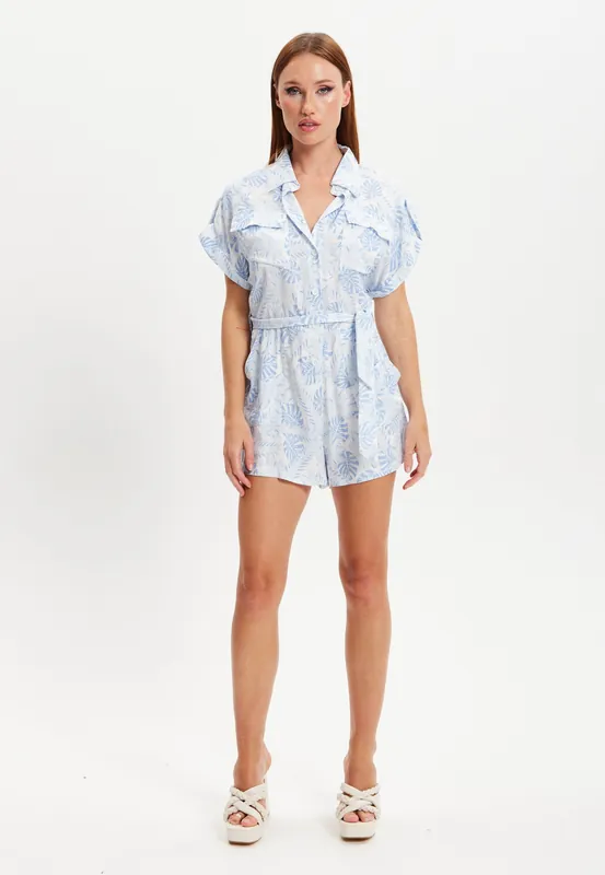 Blue Leaf Printed Playsuit - Liquorish