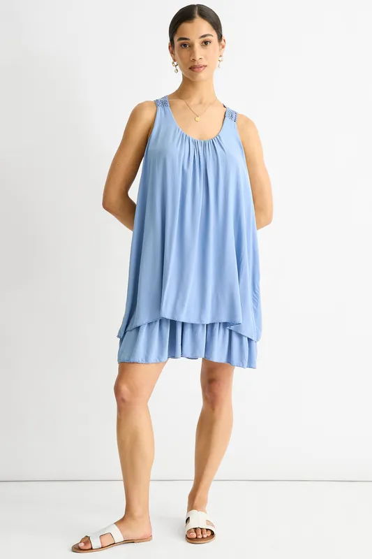 Denim Crochet Panel Double Layer Cotton Mini Dress - Gini London