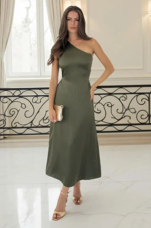 Olive One Shoulder Open Back Twist Detail Midi Dress - AX Paris