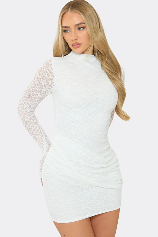 Long Sleeve Ruched Lace Mini Dress - EGO