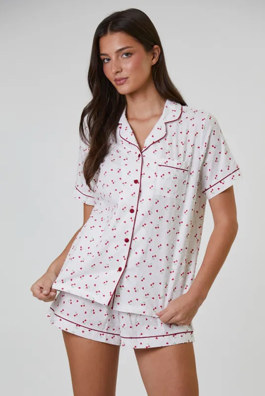 Cherry Printed Dobby Short Sleeve and Short Set - Loungeable