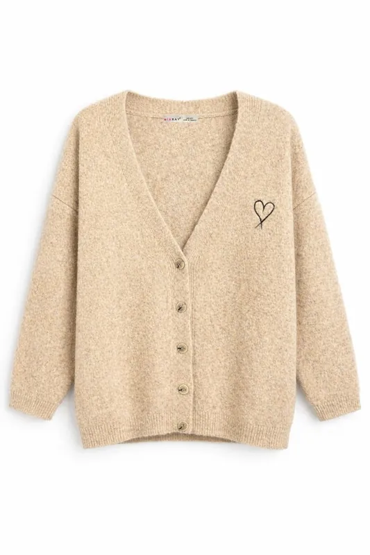 Oversized Knit Cardigan with Heart Detail - MixRay