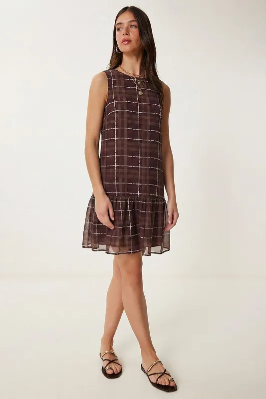 Frilly Plaid Mini Dress with Crew Neck - Happiness Istanbul
