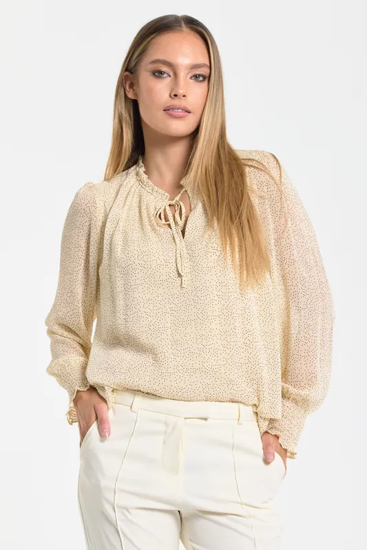 Cream Ditsy Print Tie Neck Blouse - Liquorish
