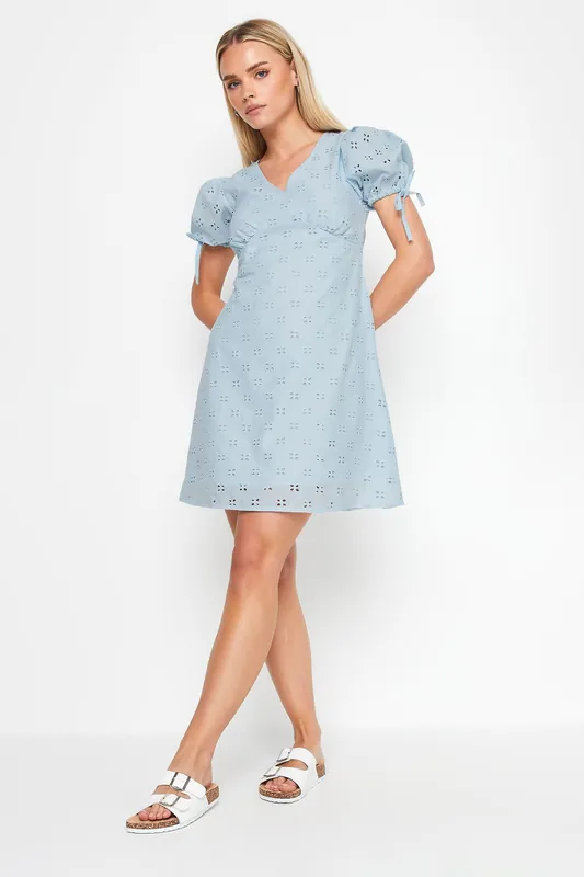 Petite Tie Sleeve Broderie Mini Dress - PixieGirl