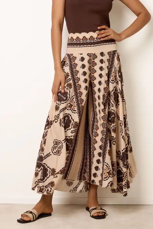 Brown Deep Waist Flowy Pants - Blue Vanilla