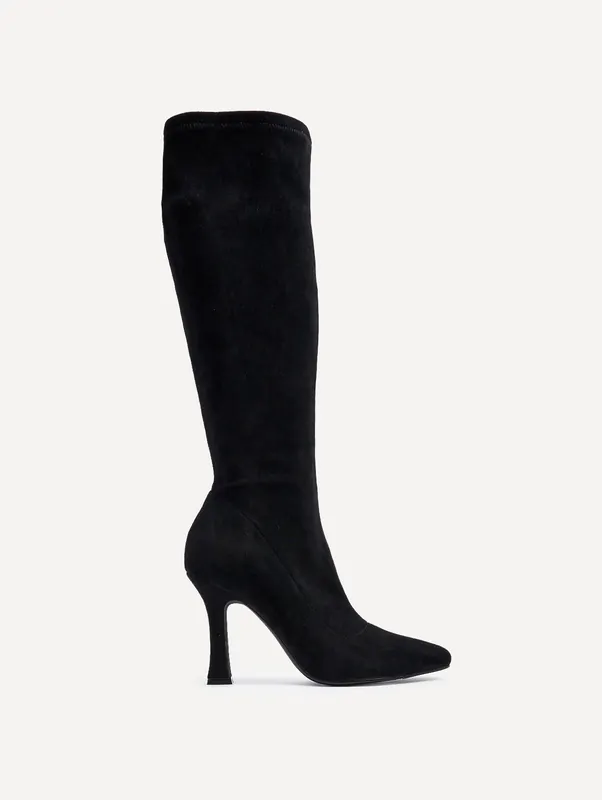 Gabrielle Black Suede Square Toe Knee High Heeled Boot - Linzi