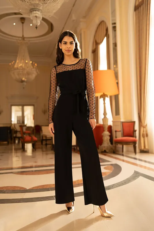 Black Spot Mesh Stretch Jumpsuit - Yumi