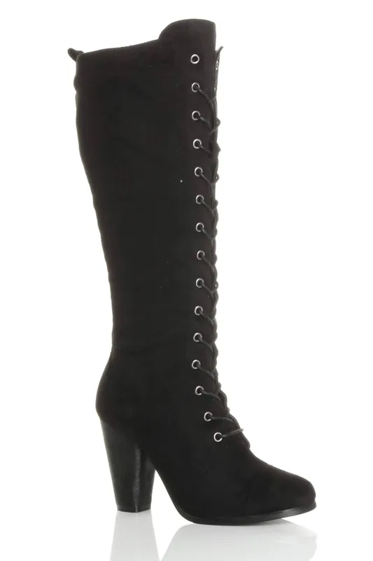 High Heel Lace Up Victorian Style Knee Boots - AJVANI