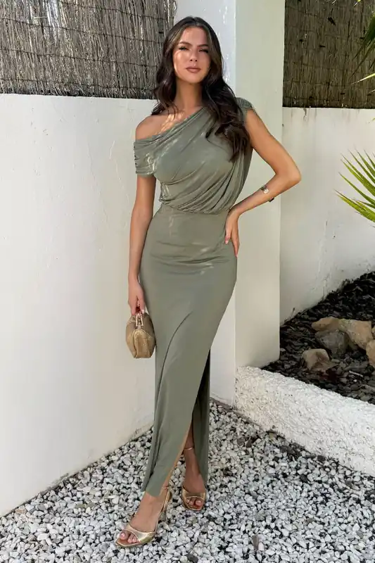 Light Khaki Off The Shoulder Double Split Midi Dress - AX Paris