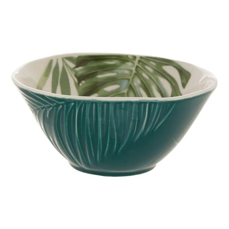 Porcelain Dark Green Small Salad Bowl,Tropical Leaf Design Mixing Bowl,Glazed Finish Bowl With White Inner - Orsina