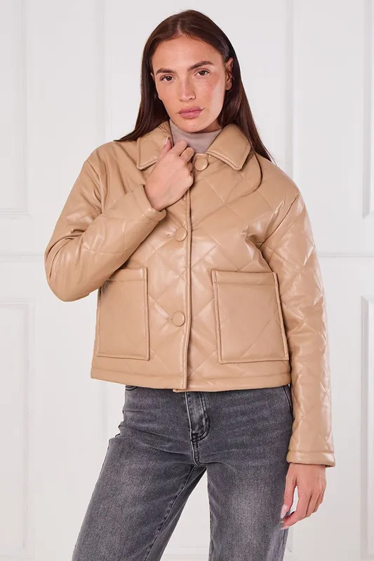 Beige Quilted Faux PU Jacket - ELAINA FASHION