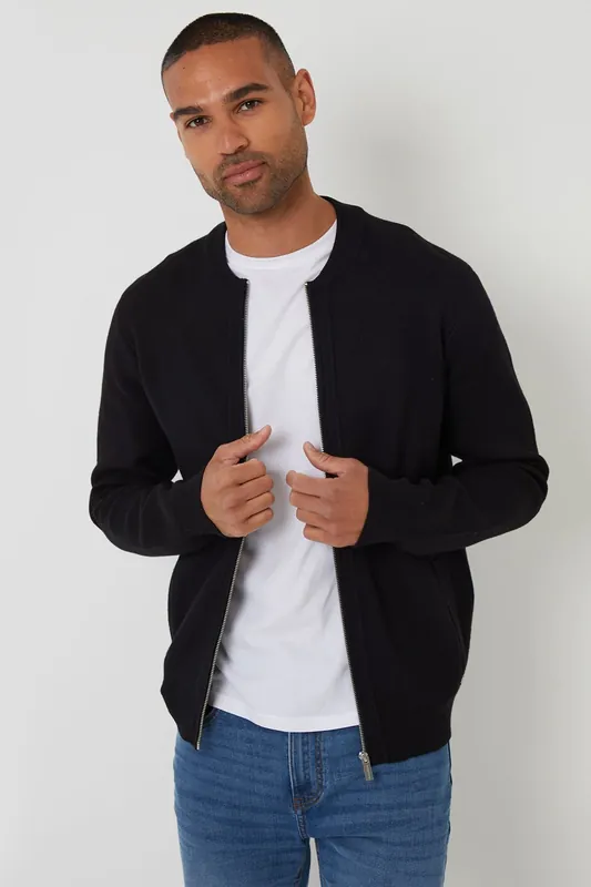 Bomber-Style Knitted Zip Through Cardigan