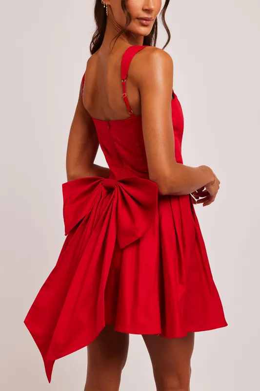 Rosie Red Sweetheart Bow Detail Box Pleat Mini Dress - Jaded Rose