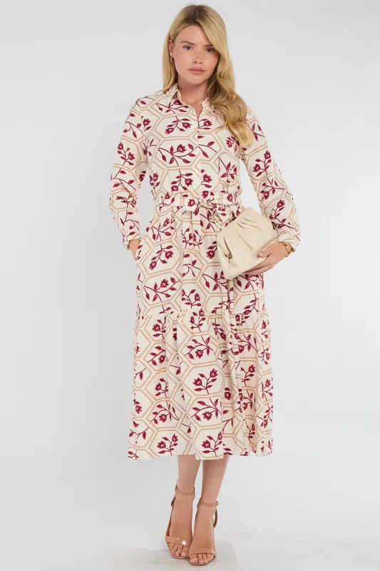 Ivory and Berry Geo Floral Smock Midaxi Dress - Love Sunshine
