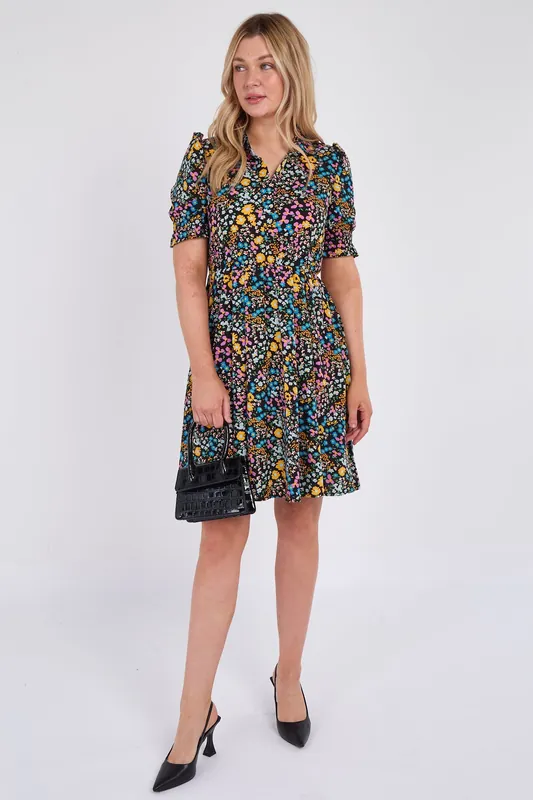 Ditsy Floral Print Black Mini Dress - Love Sunshine