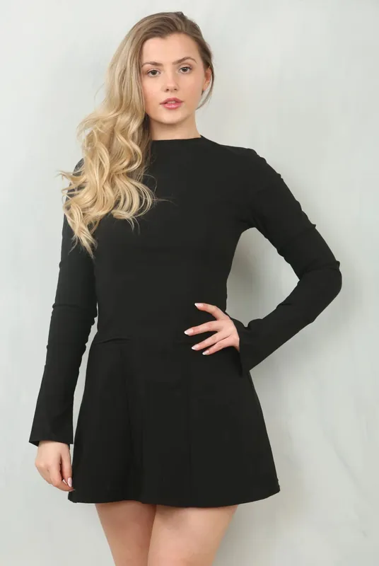 Black Fitted Long Sleeve A-Line Style Mini Dress