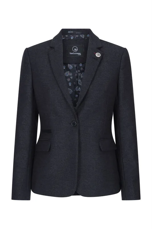 Womens Herringbone Check Tweed Wool Blend Blazer - Infinity Leather