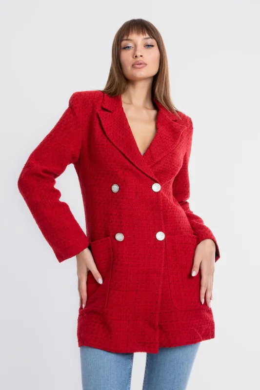 Tweed Collar Pocket Buttoned Blazer - Hiccup