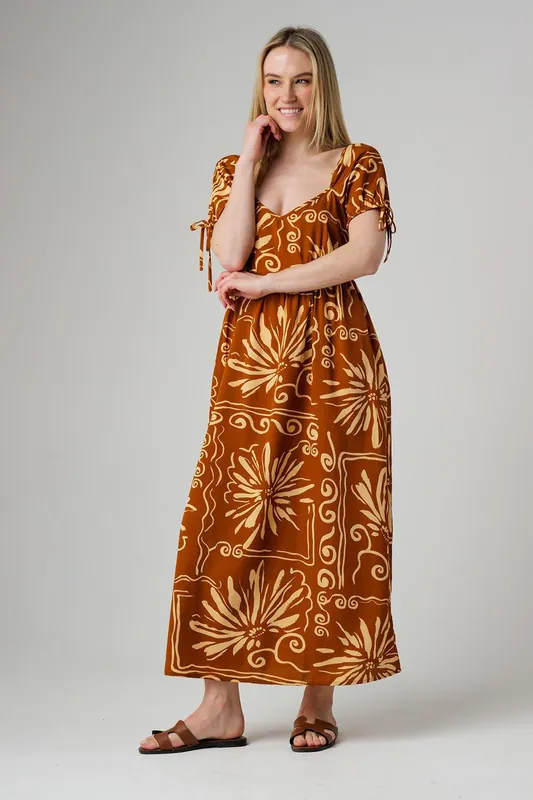 Floral Puff Sleeve Maxi Dress Tie Detail - Wednesday's Girl