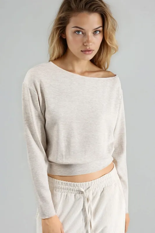 Boat Neck Long Sleeve Elastic Blouse - Busem