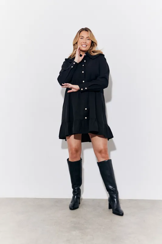 Black Peter Pan Collared Button up Smock Dress - In The Style
