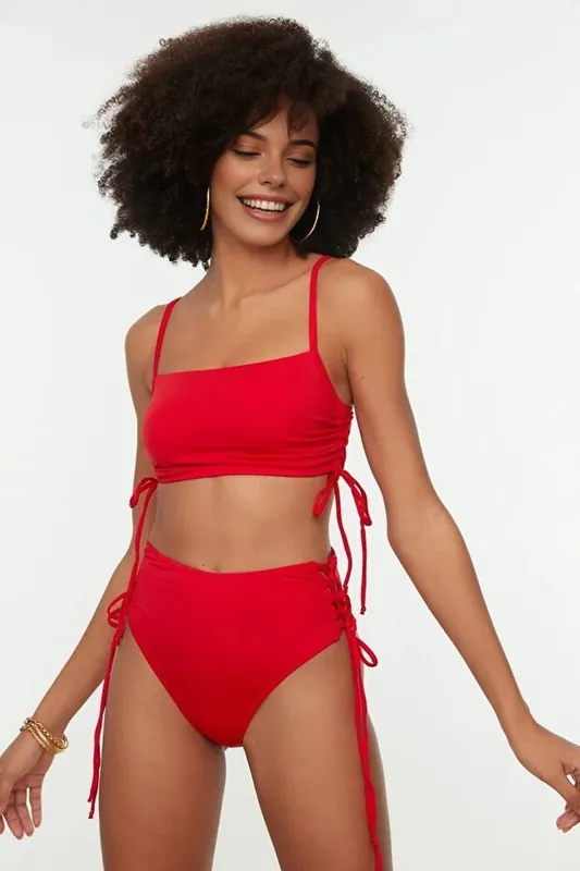 Lace Up Side High Waist Bikini Bottom with Adjustable Tie Detail - WOVCOR