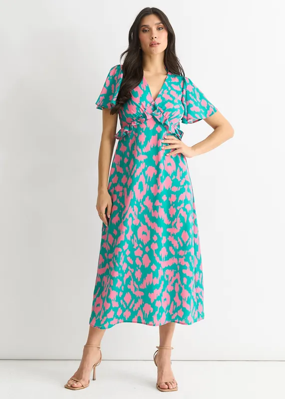 Green Animal Print V Neck Ruffle Midi Dress - Gini London