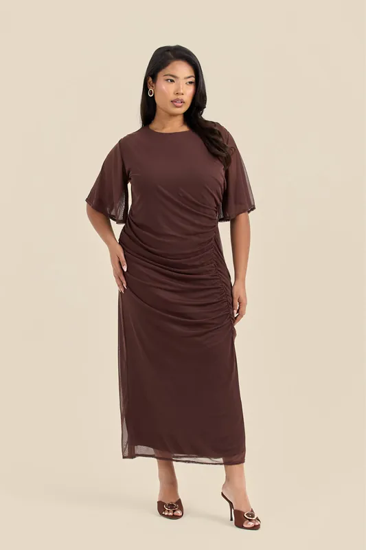 Plus Size Ruched Angel Sleeve Midi Dress - FASHION-SZN