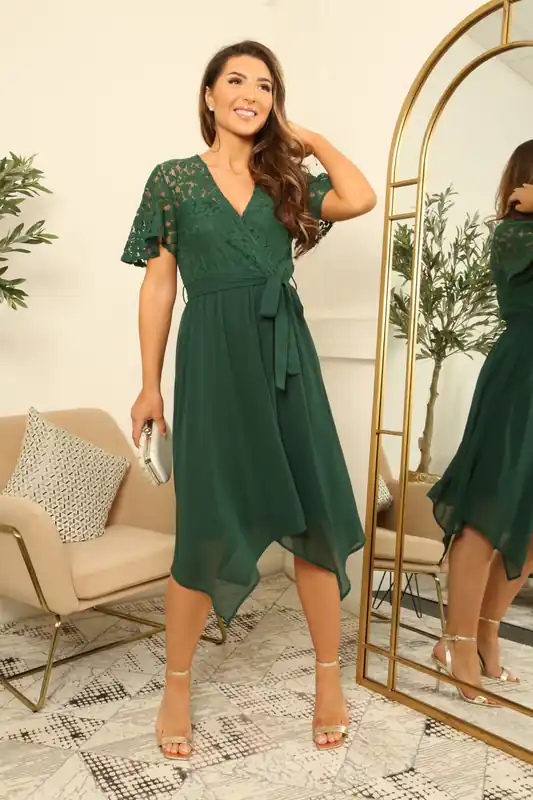 Lace Wrap Front Handkerchief Dress - DOUBLE SECOND