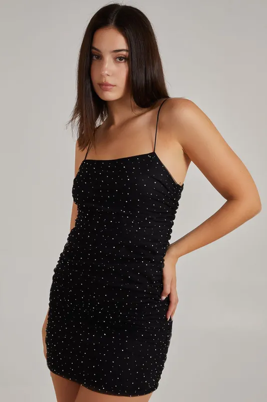 Ruched Bodycon Rhinestone Dress - Pink Vanilla